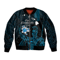 Personalised Hawaii King Kamehameha Day Sleeve Zip Bomber Jacket Plumeria With Kakau Pattern - Blue