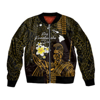 Personalised Hawaii King Kamehameha Day Bomber Jacket Plumeria With Kakau Pattern - Gold