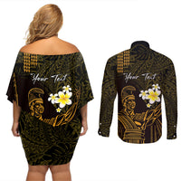 Personalised Hawaii King Kamehameha Day Couples Matching Off Shoulder Short Dress and Long Sleeve Button Shirt Plumeria With Kakau Pattern - Gold