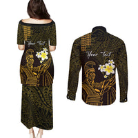 Personalised Hawaii King Kamehameha Day Couples Matching Puletasi and Long Sleeve Button Shirt Plumeria With Kakau Pattern - Gold