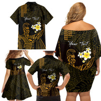 Personalised Hawaii King Kamehameha Day Family Matching Off Shoulder Short Dress and Hawaiian Shirt Plumeria With Kakau Pattern - Gold