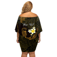 Personalised Hawaii King Kamehameha Day Family Matching Off Shoulder Short Dress and Hawaiian Shirt Plumeria With Kakau Pattern - Gold
