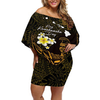 Personalised Hawaii King Kamehameha Day Off Shoulder Short Dress Plumeria With Kakau Pattern - Gold LT14 Women Gold - Polynesian Pride