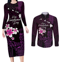 Personalised Hawaii King Kamehameha Day Couples Matching Long Sleeve Bodycon Dress and Long Sleeve Button Shirt Plumeria With Kakau Pattern - Purple
