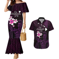 Personalised Hawaii King Kamehameha Day Couples Matching Mermaid Dress and Hawaiian Shirt Plumeria With Kakau Pattern - Purple LT14 Purple - Polynesian Pride