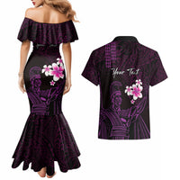 Personalised Hawaii King Kamehameha Day Couples Matching Mermaid Dress and Hawaiian Shirt Plumeria With Kakau Pattern - Purple LT14 - Polynesian Pride