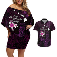 Personalised Hawaii King Kamehameha Day Couples Matching Off Shoulder Short Dress and Hawaiian Shirt Plumeria With Kakau Pattern - Purple LT14 Purple - Polynesian Pride