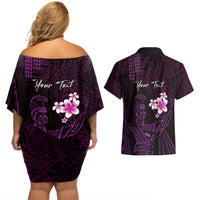 Personalised Hawaii King Kamehameha Day Couples Matching Off Shoulder Short Dress and Hawaiian Shirt Plumeria With Kakau Pattern - Purple
