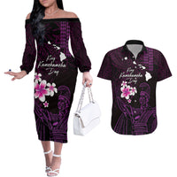 Personalised Hawaii King Kamehameha Day Couples Matching Off The Shoulder Long Sleeve Dress and Hawaiian Shirt Plumeria With Kakau Pattern - Purple
