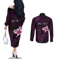 Personalised Hawaii King Kamehameha Day Couples Matching Off The Shoulder Long Sleeve Dress and Long Sleeve Button Shirt Plumeria With Kakau Pattern - Purple