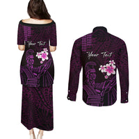 Personalised Hawaii King Kamehameha Day Couples Matching Puletasi and Long Sleeve Button Shirt Plumeria With Kakau Pattern - Purple LT14 - Polynesian Pride