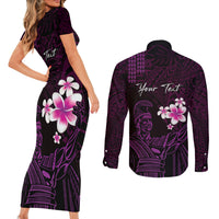 Personalised Hawaii King Kamehameha Day Couples Matching Short Sleeve Bodycon Dress and Long Sleeve Button Shirt Plumeria With Kakau Pattern - Purple