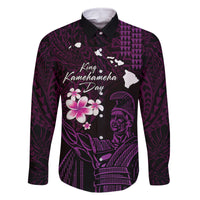 Personalised Hawaii King Kamehameha Day Family Matching Off Shoulder Short Dress and Hawaiian Shirt Plumeria With Kakau Pattern - Purple