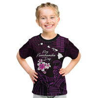 Personalised Hawaii King Kamehameha Day Kid T Shirt Plumeria With Kakau Pattern - Purple