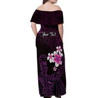 Personalised Hawaii King Kamehameha Day Off Shoulder Maxi Dress Plumeria With Kakau Pattern - Purple
