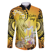 Polynesia Easter Day Family Matching Off Shoulder Short Dress and Hawaiian Shirt He Is Risen Lilium Longiflorum Polynesian Pattern LT14 Dad's Shirt - Long Sleeve Gold - Polynesian Pride
