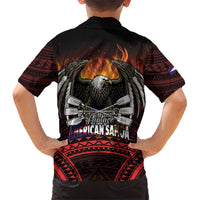 Fautasi Race Day American Samoa Family Matching Short Sleeve Bodycon Dress and Hawaiian Shirt Bald Eagle Polynesian Tattoo