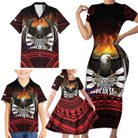Fautasi Race Day American Samoa Family Matching Short Sleeve Bodycon Dress and Hawaiian Shirt Bald Eagle Polynesian Tattoo