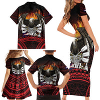 Fautasi Race Day American Samoa Family Matching Short Sleeve Bodycon Dress and Hawaiian Shirt Bald Eagle Polynesian Tattoo