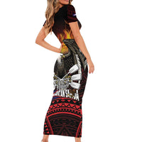 Fautasi Race Day American Samoa Family Matching Short Sleeve Bodycon Dress and Hawaiian Shirt Bald Eagle Polynesian Tattoo