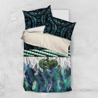 Turquoise Traditional Cloak Aotearoa Bedding Set Maori Paua Shell Korowai Pattern