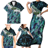 Turquoise Traditional Cloak Aotearoa Family Matching Short Sleeve Bodycon Dress and Hawaiian Shirt Maori Paua Shell Korowai Pattern