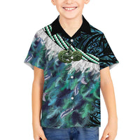 Turquoise Traditional Cloak Aotearoa Kid Hawaiian Shirt Maori Paua Shell Korowai Pattern
