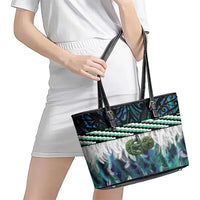Turquoise Traditional Cloak Aotearoa Leather Tote Bag Maori Paua Shell Korowai Pattern