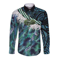 Turquoise Traditional Cloak Aotearoa Long Sleeve Button Shirt Maori Paua Shell Korowai Pattern