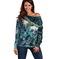 Turquoise Traditional Cloak Aotearoa Off Shoulder Sweater Maori Paua Shell Korowai Pattern