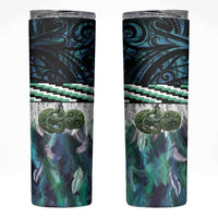 Turquoise Traditional Cloak Aotearoa Skinny Tumbler Maori Paua Shell Korowai Pattern