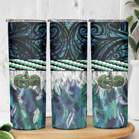 Turquoise Traditional Cloak Aotearoa Skinny Tumbler Maori Paua Shell Korowai Pattern