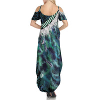 Turquoise Traditional Cloak Aotearoa Summer Maxi Dress Maori Paua Shell Korowai Pattern