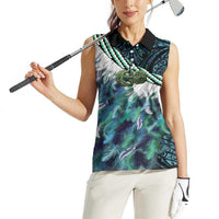 Turquoise Traditional Cloak Aotearoa Women Sleeveless Polo Shirt Maori Paua Shell Korowai Pattern