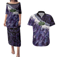 Purple Traditional Cloak Aotearoa Couples Matching Puletasi and Hawaiian Shirt Maori Paua Shell Korowai Pattern