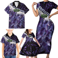 Purple Traditional Cloak Aotearoa Family Matching Short Sleeve Bodycon Dress and Hawaiian Shirt Maori Paua Shell Korowai Pattern