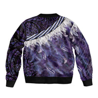 Purple Traditional Cloak Aotearoa Sleeve Zip Bomber Jacket Maori Paua Shell Korowai Pattern
