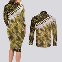 Yellow Traditional Cloak Aotearoa Couples Matching Long Sleeve Bodycon Dress and Long Sleeve Button Shirt Maori Paua Shell Korowai Pattern
