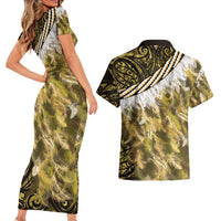 Yellow Traditional Cloak Aotearoa Couples Matching Short Sleeve Bodycon Dress and Hawaiian Shirt Maori Paua Shell Korowai Pattern