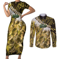 Yellow Traditional Cloak Aotearoa Couples Matching Short Sleeve Bodycon Dress and Long Sleeve Button Shirt Maori Paua Shell Korowai Pattern