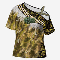 Yellow Traditional Cloak Aotearoa Cross Shoulder Shirt Maori Paua Shell Korowai Pattern LT14 Female Yellow - Polynesian Pride