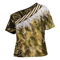 Yellow Traditional Cloak Aotearoa Cross Shoulder Shirt Maori Paua Shell Korowai Pattern LT14 - Polynesian Pride