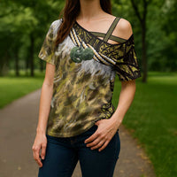 Yellow Traditional Cloak Aotearoa Cross Shoulder Shirt Maori Paua Shell Korowai Pattern LT14 - Polynesian Pride