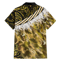 Yellow Traditional Cloak Aotearoa Family Matching Off Shoulder Short Dress and Hawaiian Shirt Maori Paua Shell Korowai Pattern