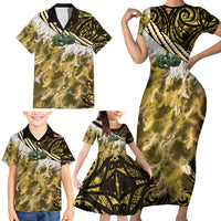 Yellow Traditional Cloak Aotearoa Family Matching Short Sleeve Bodycon Dress and Hawaiian Shirt Maori Paua Shell Korowai Pattern