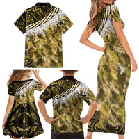Yellow Traditional Cloak Aotearoa Family Matching Short Sleeve Bodycon Dress and Hawaiian Shirt Maori Paua Shell Korowai Pattern
