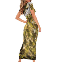 Yellow Traditional Cloak Aotearoa Family Matching Short Sleeve Bodycon Dress and Hawaiian Shirt Maori Paua Shell Korowai Pattern