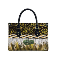 Yellow Traditional Cloak Aotearoa Leather Bag Maori Paua Shell Korowai Pattern - Polynesian Pride