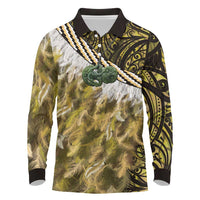 Yellow Traditional Cloak Aotearoa Long Sleeve Polo Shirt Maori Paua Shell Korowai Pattern
