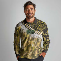 Yellow Traditional Cloak Aotearoa Long Sleeve Polo Shirt Maori Paua Shell Korowai Pattern